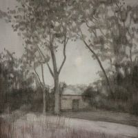 "Hütte zwischen zwei Bäumen", Bleistift und Aquarell auf Papier, 29,7 x 21 cm, 2022